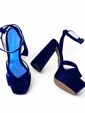 Hill House Royal Blue Velvet Party Platform Heels with Ankle Strap